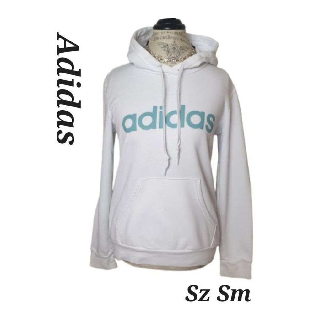 Adidas Women's White Hoodie Small With Blue Logo  Pullover Sweatshirt VTG